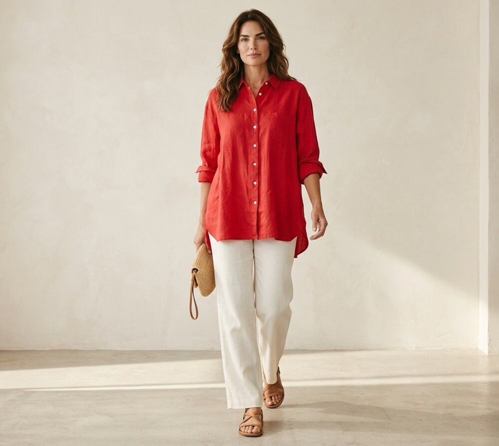 J Jill Shirt Top Linen Red Long Sleeve Size Large L Button Up Lagenlook